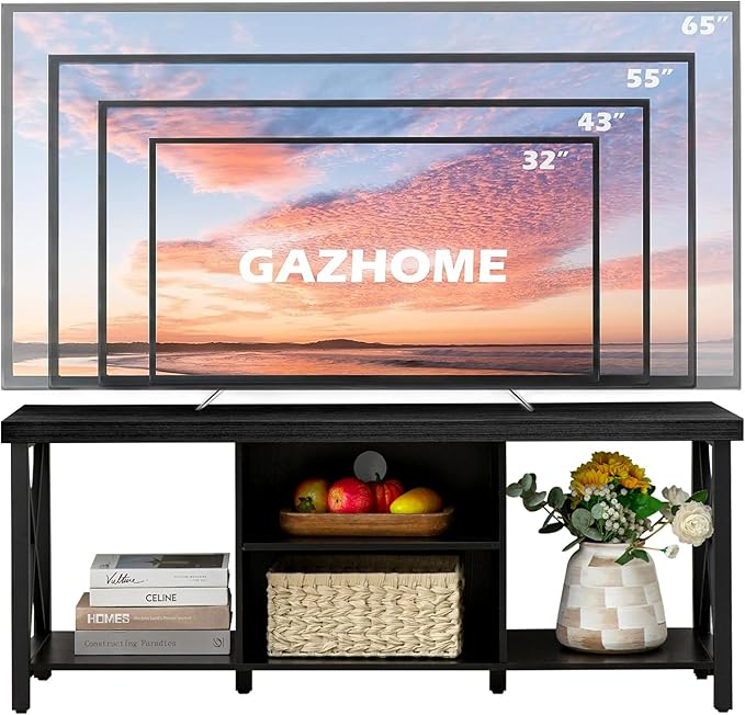 GAZHOME TV Stand for TV up to 55 Inches, TV Cabinet with Open Storage, TV Console Unit with Shelving for Living Room, Entertainment Room, Black