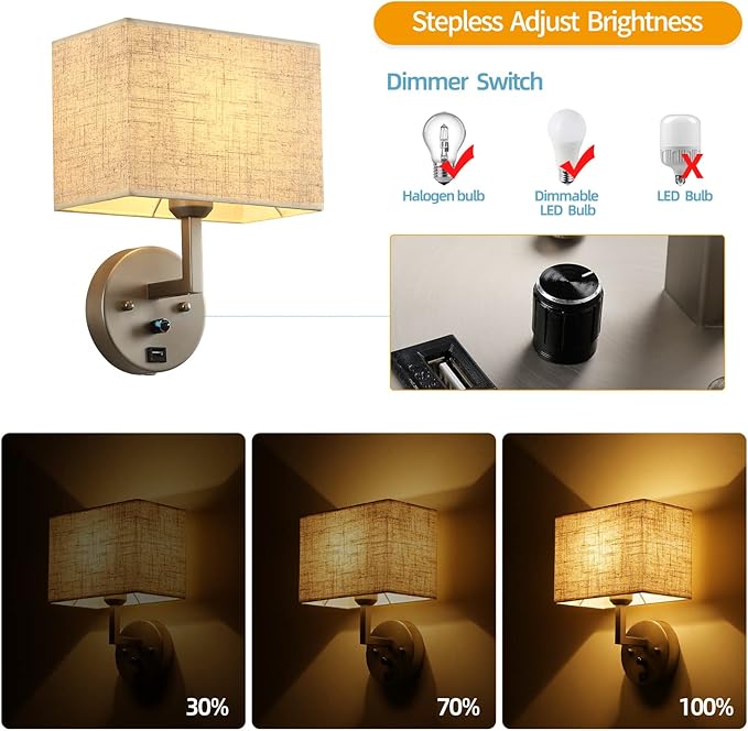Plug in Wall Sconce with Dimmer Switch and USB Port，1-Light 9.5“Rectangular Linen Fabric Shade，Bedside Wall Lamp Satin Nickel Finish，Wall Lamps Perfect for Bedroom, Living Room and Hotel