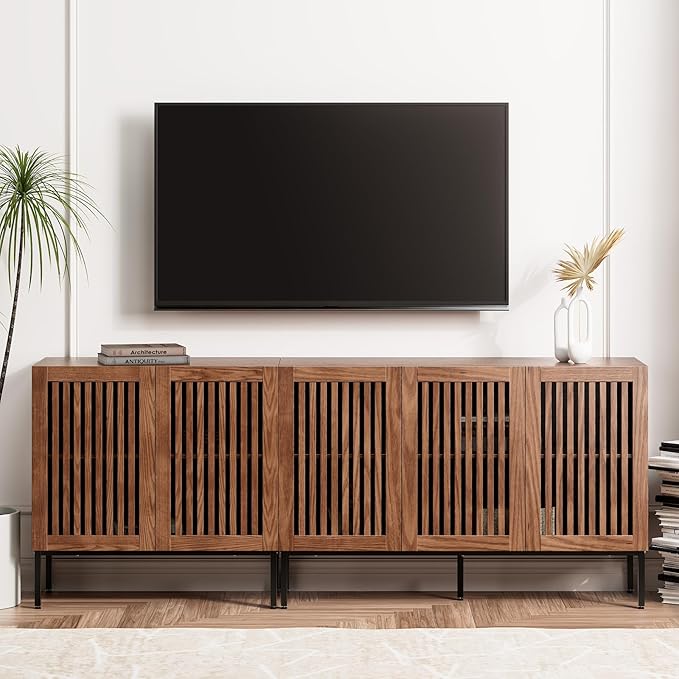 Farmhouse TV Stand for TVs up to 85 inch, 2 in 1 Entertainment Center TV Console with Metal Base & Storage Cabinets,Media Console for Living Room, Dark Brown