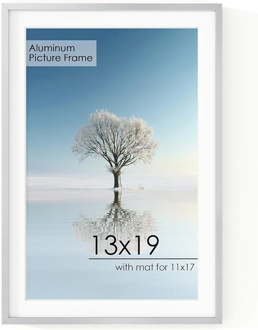 13x19 Metal Picture Frame for Wall With Mat for 11x17, 13''x19'' Aluminum Photo Frames With Tempered Glass for Home Decor, Minimalist Modern Poster Frame Horizontal And Vertical Formats, Silver