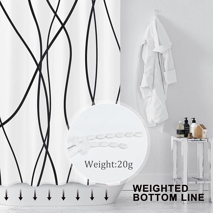 Punkray Black and White Striped Wavy Line Polyester Shower Curtain for Bathroom with Hooks, Shower Curtain Set Stripe Bath Curtains Decor Weighted Hem Washable, 60 x 72