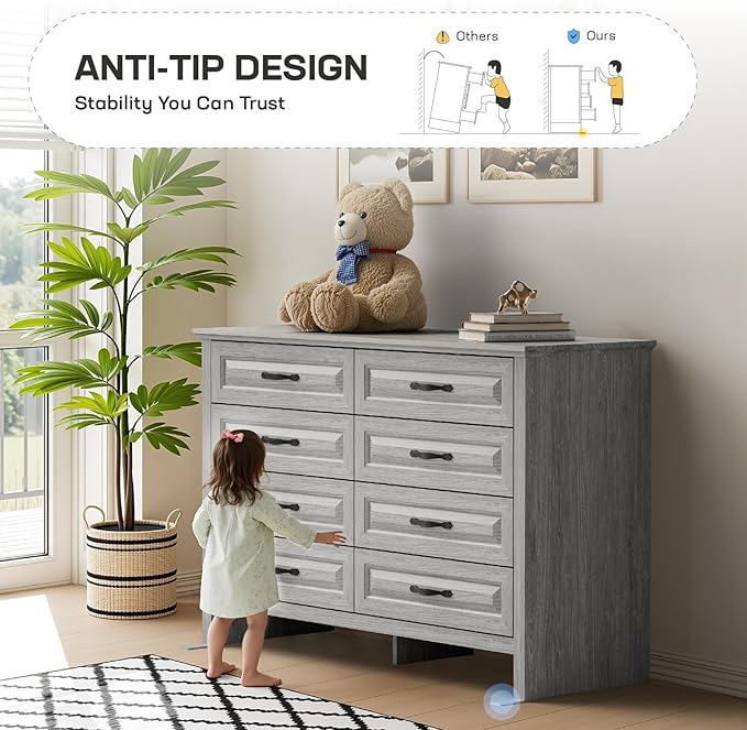 Amada Farmhouse 8 Drawer Dresser for Bedroom, 47.2 Inch Wide Wood Dresser with Natural Texture, Large Drawers, Rustic Farmhouse Chest of Drawers for Bedroom, Living Room, Hallway, Gray