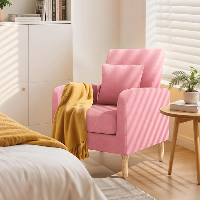 Magshion Mid-Century Accent Chair for Living Room, Comfy Reading Chair for Bedroom, Upholstered Linen Fabric Armchair Single Sofa with Back Pillow & Wood Legs, 300 lbs Capacity, Pink