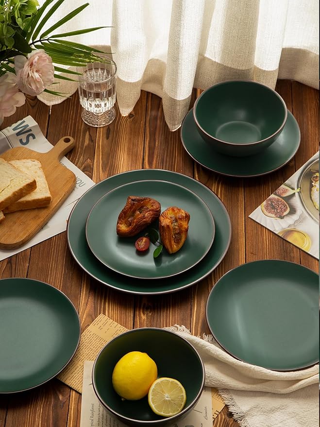 Famiware Venus Ceramic Plates and Bowls Sets, Speckled Dinnerware Dish Sets for 8 (24 Pieces) - Microwave and Dishwasher Safe, Matte Dark Green