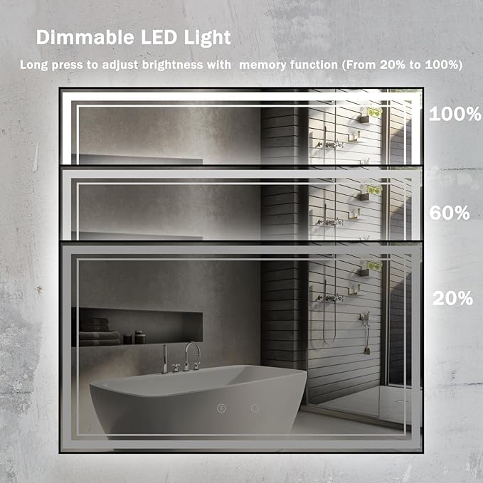 55" x 32" LED Bathroom Mirror with Lights Framed LED Mirror for Bathroom Backlit and Front Lighted Bathroom Mirror Black Square Aluminum Frame Anti-Fog Dimmable Vanity Adjustable Memory