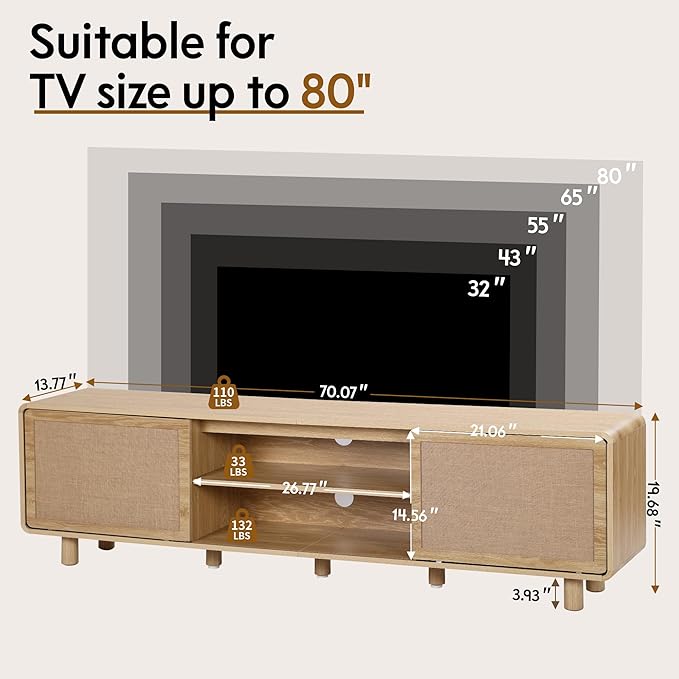 70" TV Stand with Slding Door for 55/60/65/80 Inch Television, Farmhouse Linen Decor TV Console with Storage, 2 Cable Holes & 6 Legs, Mid Century Wooden Entertainment Center for Living Room (Natural)