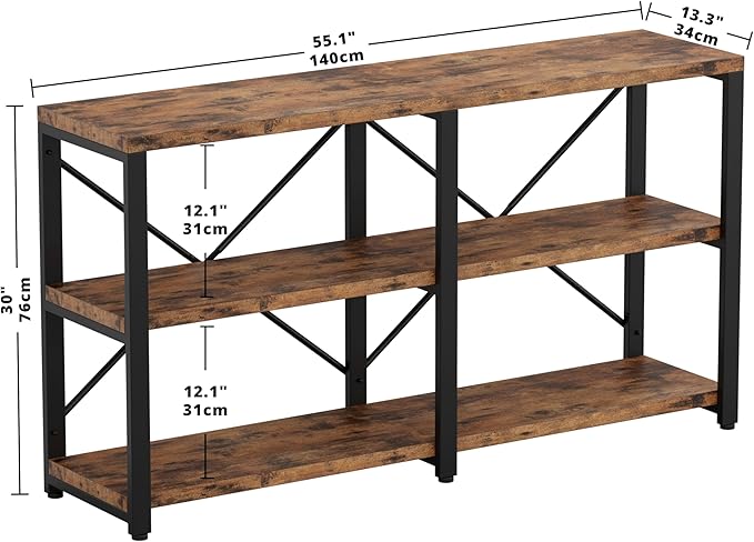 IRONCK Bookshelf Double Wide 55 in 3-Tier, Industrial Bookcases, Wood and Metal Bookshelves, Book Shelves for Home Office Decor Display