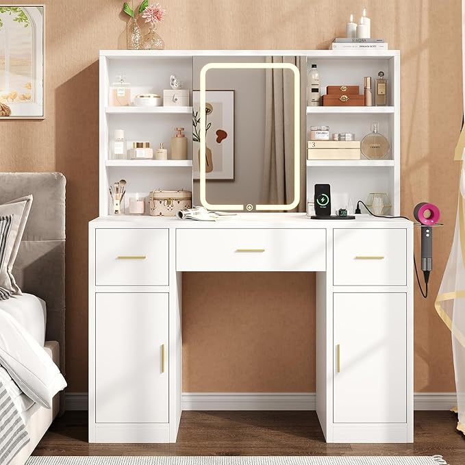 Vanity Desk with Sliding Mirror & LED Lights, Smart Makeup Table with Charging Station, Hairdryer Holder, 7 Shelves, 3 Drawers, 2 Cabinets, Vanity with Extra Hidden Stroage for Bedroom,White