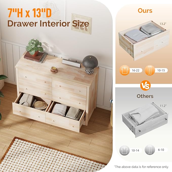 VINGLI Solid Wood Dresser Unfinished for Color DIY, Natural Real Wood Dresser 6 Drawer for Bedroom, 47.16" W*17.72" D*33" H