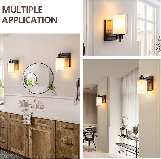 3 Pack Bath Vanity Light Fixtures, Modern Indoor Wall Scone Lighting with Dual Glass Shade, Oil Rubbed Bronze Wall Lamp for Bedroom Mirror Kitchen Living Room Entryway