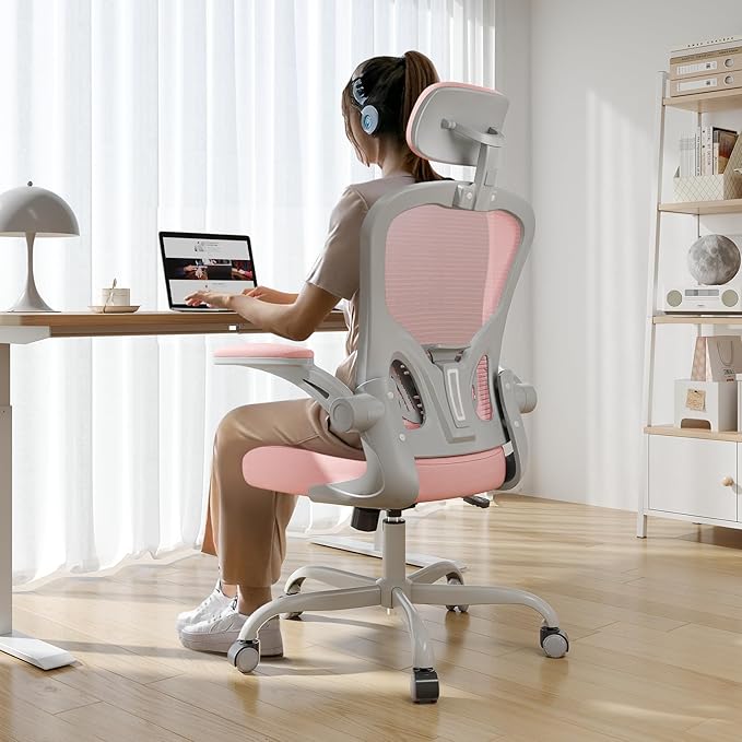 Office Chair Ergonomic Desk Chair, 330LBS Capacity, High Back Computer Chair for Long Hours Comfortable, Rolling Swivel Executive Task Chair for Home Office with Flip-up Armrests(Grey Pink)