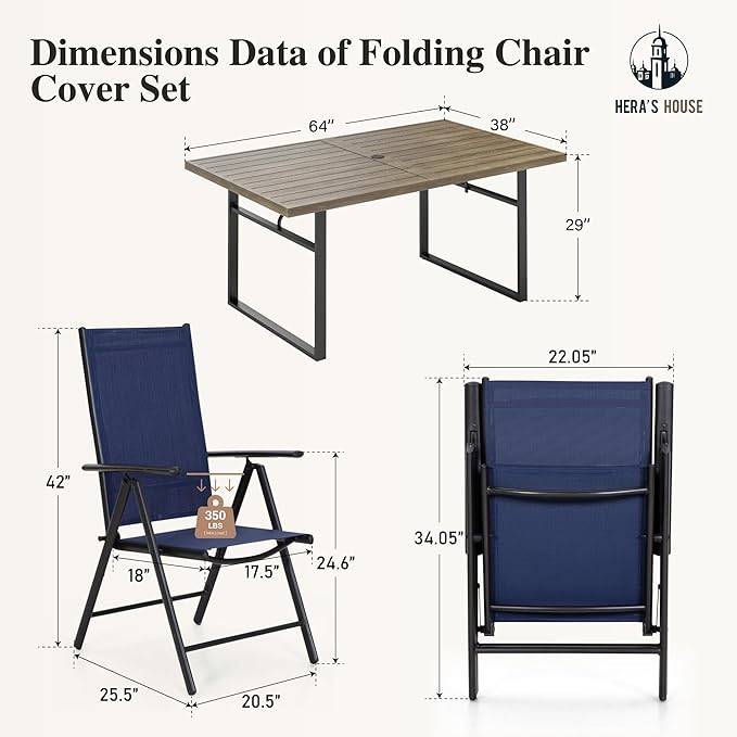 HERA'S HOUSE 7-Piece Outdoor Dining Set for 6, 64" Weather-Resistant Metal Patio Table with 6 Foldable Blue Chairs, Perfect for Garden, Backyard, Porch & Lawn (Space-Saving Design)