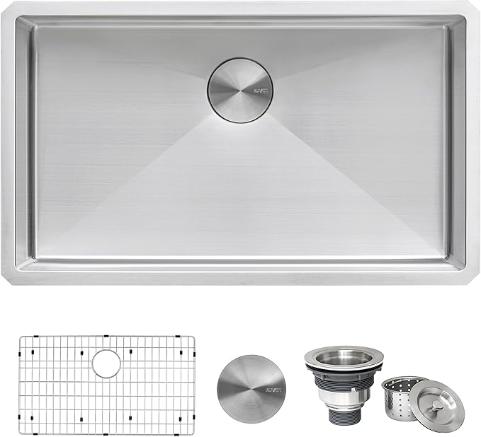 Ruvati 30-inch Rounded Corner Undermount Kitchen Sink Single Bowl – 16 Gauge Stainless Steel Kitchen Sink with Accessories and Brushed Finish hides scratches, Easy-to-Clean Undermount Sinks - RVH7300