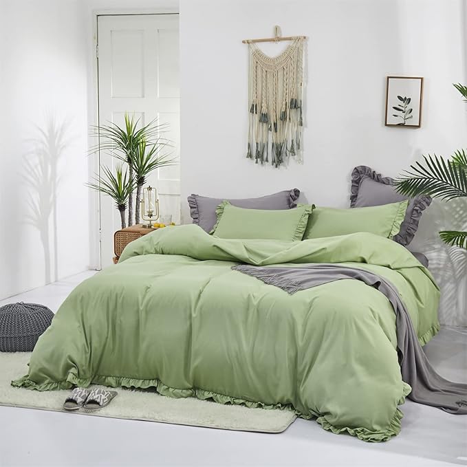 Luxlovery Sage Green Ruffle Comforter Set Queen Light Green Farmhouse Bedding Comforter Set Full Shabby Chic Solid Blanket Quilts Soft Breathable Vintage Bedding Set