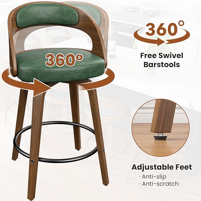 Swivel Bar Stools Set of 2, 26" Counter Height Bentwood Barstool, Mid-Century Modern PU Leather Upholstered Bar Chair with Back and Footrest, for Kitchen Island, Bar, Cafe, Dining Room, Green