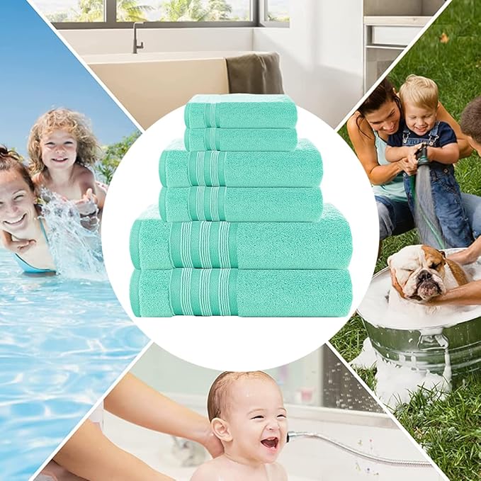 CASA COPENHAGEN Zero Twist, 6 Pieces Set 100% Cotton 0" Twist Towel Set- Aqua Blue, 600 GSM, 2 Bath, 2 Hand, 2 Washcloths Made from Egyptian Cotton, Ultra Soft Luxury Towels for Bathroom.