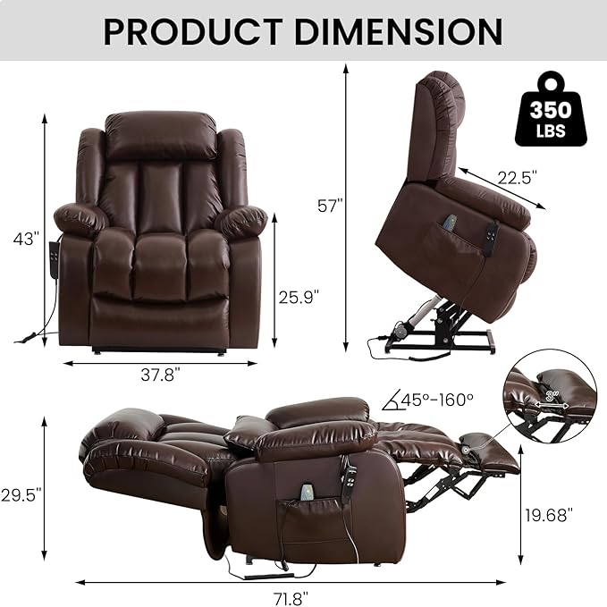 TEKAMON Power Lift Recliner Chair for Elderly with Heat & Massage, Dual Motor Genuine Leather Recliner, Lay Flat Sleeping Chairs with Infinite Position, RemoteControl(Brown, Extended)