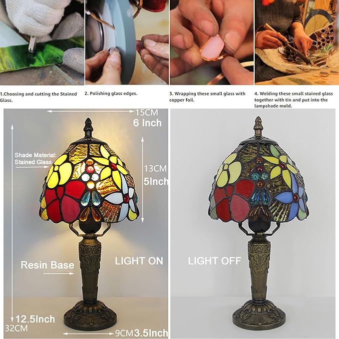 Tiffany Style Small Table Lamp,Rose Flower Stained Glass 3 Color Temperature Antique Table Lamps,Bedside Nightstand Lamp for Bedroom,Living Room,Home Office, Include LED Bulb,6X6X12.5Inch