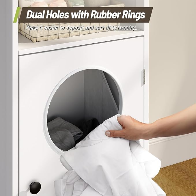 Laundry Hamper Cabinet, Tall Bathroom Storage Cabinet with 2 Removable Laundry Storage Baskets, Hidden Laundry Hamper with 2 Doors and Double Clothes-Toss Round Holes for Bathroom, White