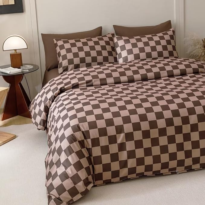 CLOTHKNOW Brown Plaid King Size Comforter Set 3Pcs Grid Bedding Comforter Sets Checker Geometric Comforter with 2 x Pillow Cases