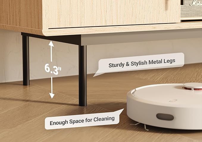 Claiks Mid Century Modern TV Stand for TV up to 70 inch, Entertainment Center with Sliding Barn Doors & Adjustable Shelve, Retro Low Profile Media Console TV Table for Living Room, Natural Oak