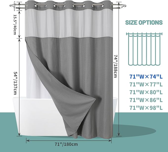 Grey No Hook Waffle Weave Shower Curtain with snap-in Liner Replacement, 230GSM Waterproof Fabric Hotel Shower Curtain Set for Bathroom, Through Mesh Top Window,71Wx74H