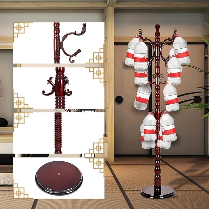 Coat Rack Freestanding, Wooden Tree Coat Rack Stand with 3 Adjustable Sizes Coat Tree and 14 Hooks, Sturdy Hall Tree with Solid Round Base for Entryway, Hallway,Bedroom (Reddish brown)