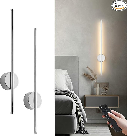 Battery Operated Modern Wall Sconces, Dimmable Wireless Wall Light Set of Two with Remote Control, 3 Color Temperatures, Rechargeable LED Wall Sconce for Bedroom, Living Room, Hallway 23.6 Inch Chrome