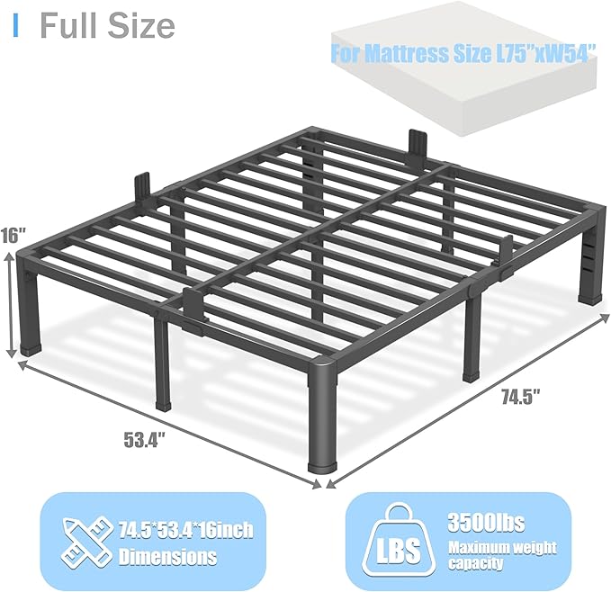16 inch Full Size Bed Frame with Round Corner Legs and Headboard Hole Mattress Slide Stopper 3500 lbs Heavy Duty Metal Platform,Steel Slat Support,No Box Spring Needed,Easy Assembly,Noise Free