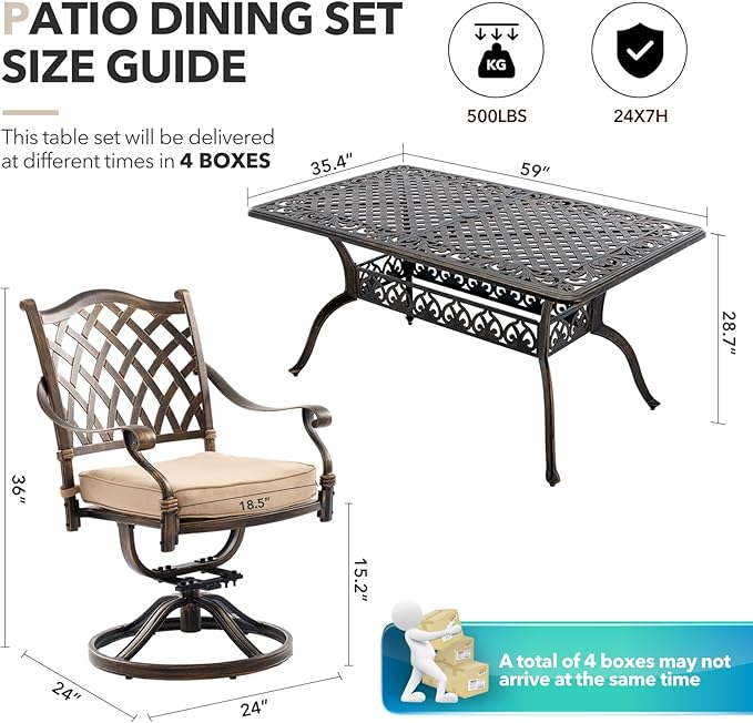 7 Piece Outdoor Dining Set Cast Aluminum, Retro Patio Dining Furniture Set for 6 Includes 59” Rectangular Table 2 Swivel Chairs with Thicker Cushions and Umbrella Hole for Patio Deck Garden