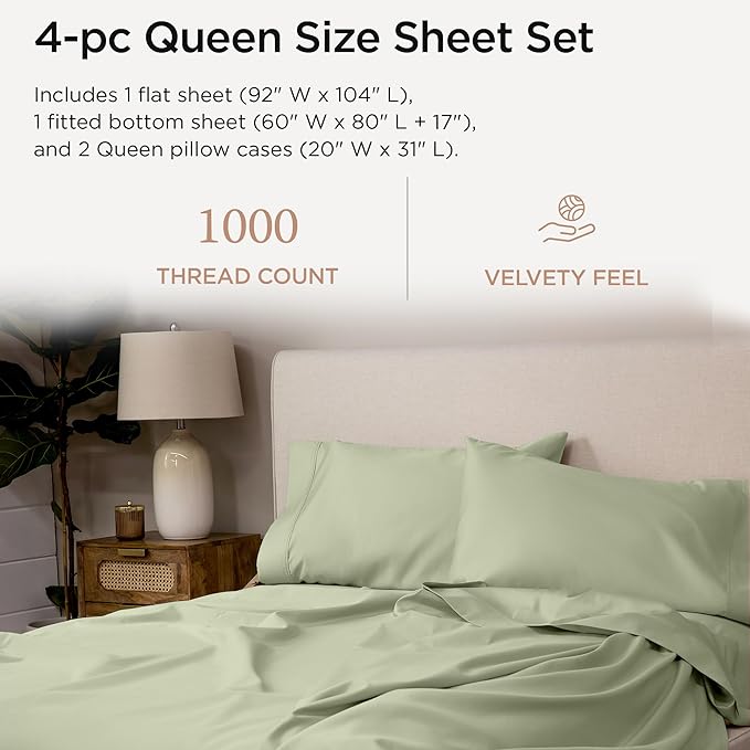 Threadmill Luxury Supima Cotton Sheets, Luxury 1000 Thread Count Soft 100% Cotton Sheets for Queen Size Bed, 4 Pc Sage Green Bed Sheets Queen Set, 5-Star Hotel Quality Deep Pocket Bed Sheets Set