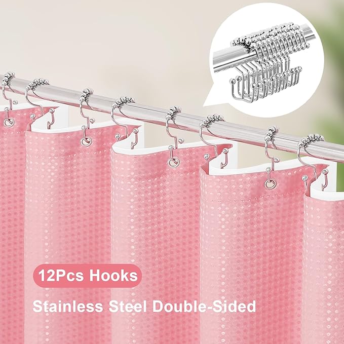 3 in 1 Long Pink Shower Curtain Set-72 W x 78 H, Modern Waffle and PEVA Liner Set with 12 Stainless Steel Hooks, Waterproof Fabric for Bathroom