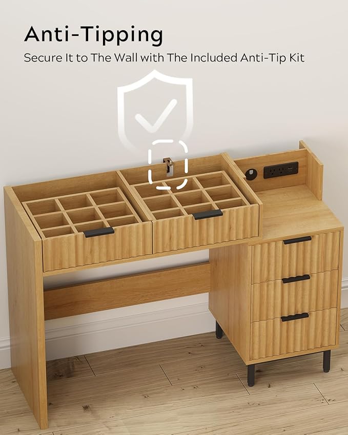 Fluted Vanity Desk with Large Mirror and Lights, Modern Wood Makeup Vanity Desk with Glass Top, Charging Station, 5 Drawers Adjustable Open Shelves, Dressing Table Set for Bedroom, Natural Oak