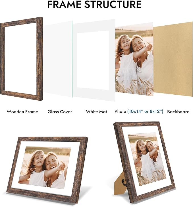 10x14 Picture Frame with Real Glass - 8x12 Wooden Frame with Mat, Horizontal and Vertical Display for Wall or Tabletop (Rustic Brown, 1 Pack)