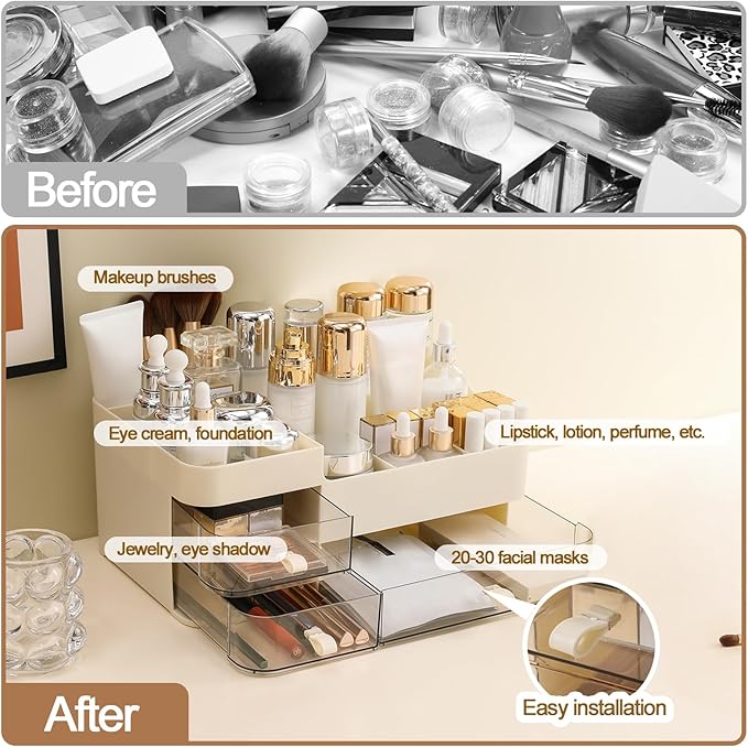 DASITON Makeup Organizer with 3 Drawers,Skincare and Cosmetics Organizer Countertop,Makeup Organizers and Storage with Brush Holder,Large Cosmetic Display Case for Vanity,Desk,Bathroom,Bedroom(Cream)