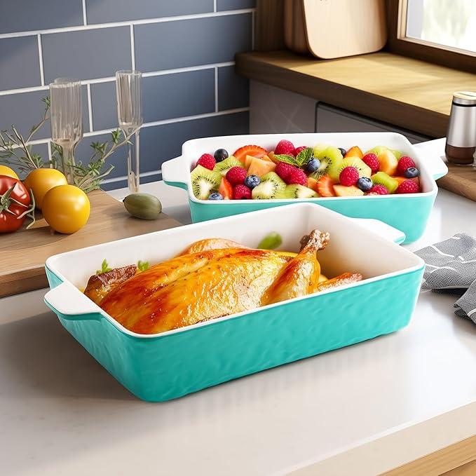 Casserole Dishes for Oven, Ceramic Baking Dishes, Lasagna Pan with Handles, Porcelain Baking Pan Deep, Bakeware for Baking, Cooking, Wedding Gift, Set of 3 (11.6" x 7.8", Aquamarine)