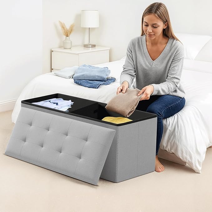 Storage Ottoman Bench, 43 Inch Ottoman Foot Rest, End of Bed Bench, Storage Chest, Load 700 lb, for Living Room, Bedroom, Entryway, Light Gray