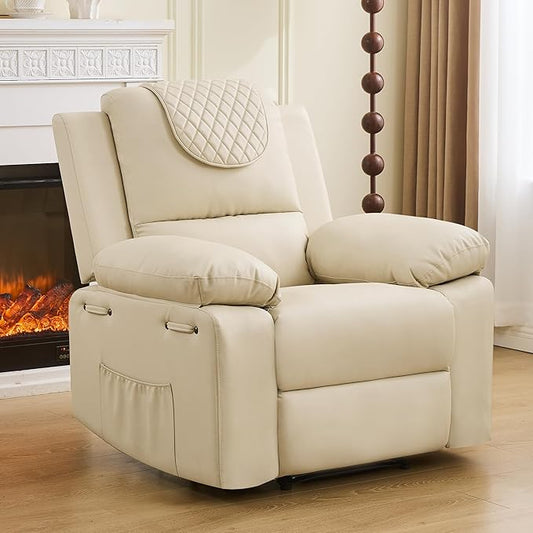 Recliner Chair with Electric Massage Adjustable Footrest & Heat, Manual Leather Recline for Adults Living Room Remote Control (Beige)