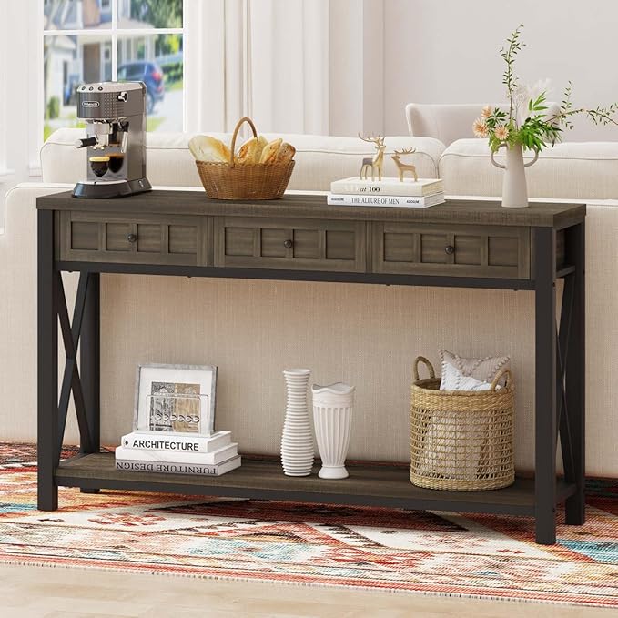 FATORRI Console Sofa Table for Entryway, Entry Way Table with Storage and 3 Drawers for Living Room, Farmhouse Foyer Tables for Hallway, Front Door, Living Room (54.72 Inch Long, Walnut Brown)