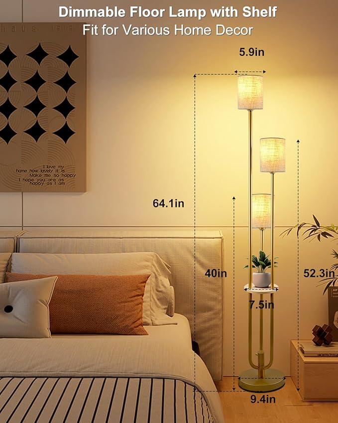 Lightdot Dimmable Floor Lamp for Living Room 3-Light Candle Holder Style Modern Floor Lamps with Table&Linen Beige Shade 3000K Warmwhite Gold Standing Lamp for Bedroom (Bulbs Included)