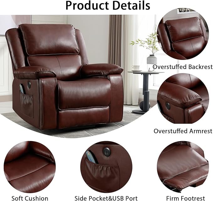 Phoenix Home Genuine Leather Power Lift Recliner Chair with Massage and Heat for Elderly, Electric Reclining Chair with USB Port, Cup Holders, Side Pockets for Living Room Bedroom, Red Brown