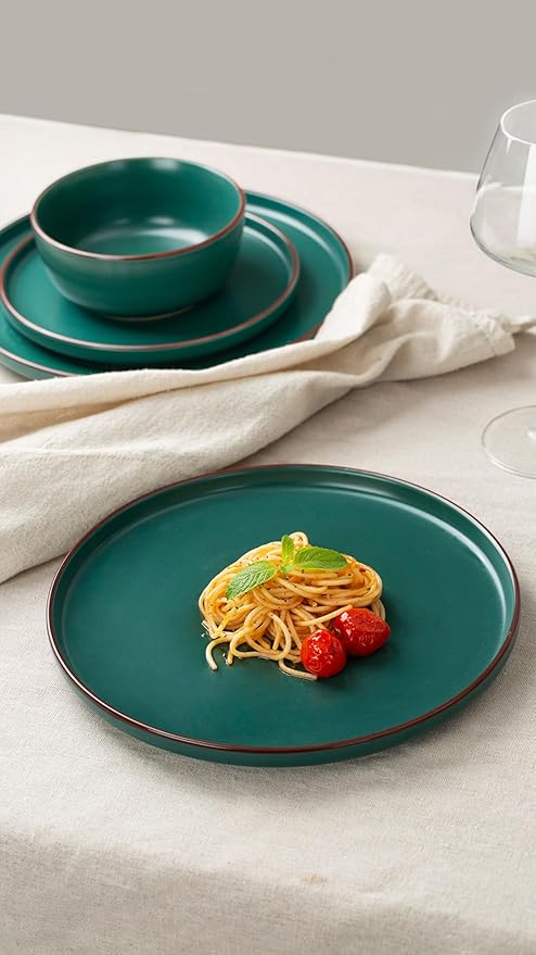 Famiware Mercury 24 Pieces Dinnerware Sets, Plates and Bowls Sets for 8, Microwave and Dishwasher Safe Dish Set, Dark Green