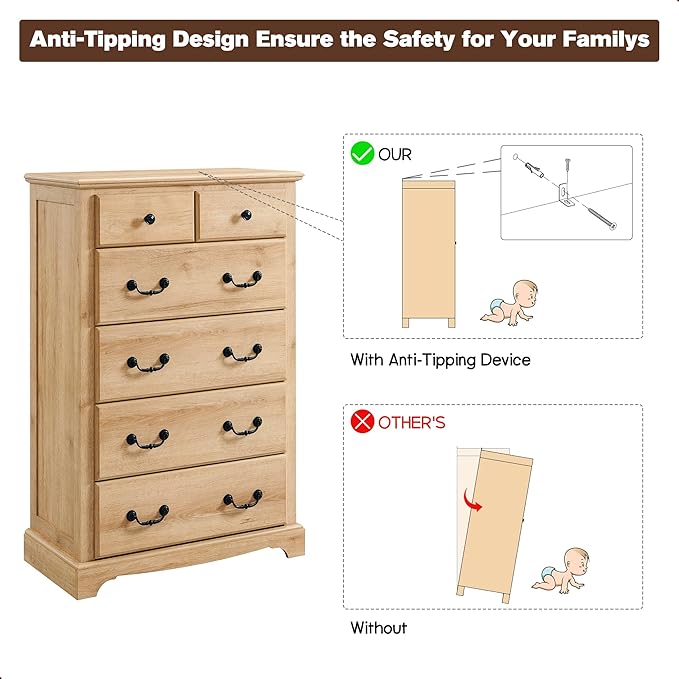 T4TREAM 6 Drawers Dresser Chests for Bedroom, 48" Tall Rustic Chset of Drawers, Wood Dressers Organizer for Bedroom, Living Room,Hallway, Natural Oak