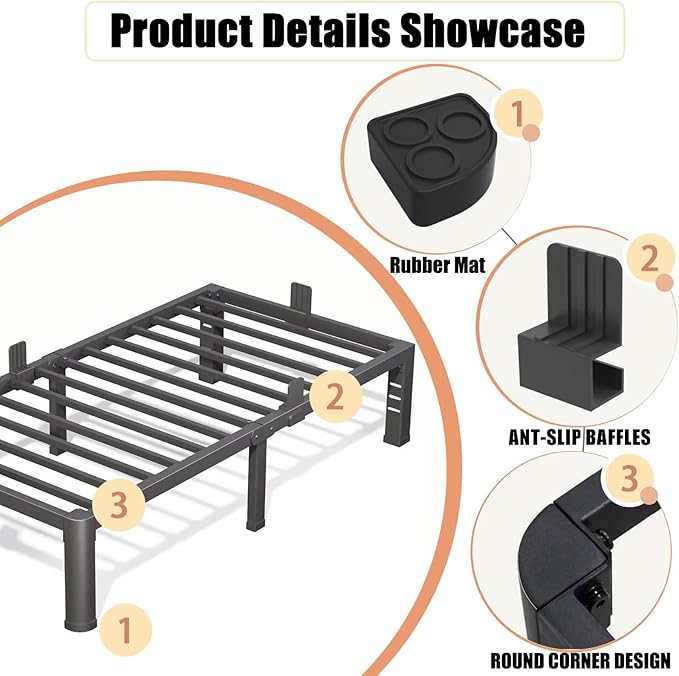 14 Inch Twin XL Bed Frame with Rounded Corner and Headboard Hole Mattress Retainers 3500 lbs Heavy Duty Support Metal Platform Bed Frame Noise Free No Box Spring Needed Easy Assembly