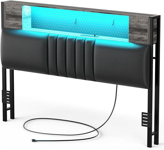 Unikito Headboard for Full Size Bed with Storage and Cabinet, Black Upholstered Headboards with Outlets, USB Ports, and DIY Color of LED Light, Full Head Board Only, Comfortable Headboard,Black Oak