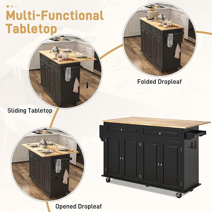 51.2" Movable Kitchen Island with Drop Leaf and Power Outlet, Rolling Island Cart w/Storage Cabinet, Island Table on Wheels for Kitchen w/2 Drawers, Spice Rack, Towel Bar, Garage Hook, Black