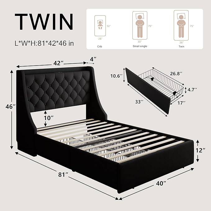 Twin Bed Frame with 4 Storage Drawers, Upholstered Modern Bed Frame with Wingback Headboard, Charging Station, No Box Spring Needed, Noise-Free, Black