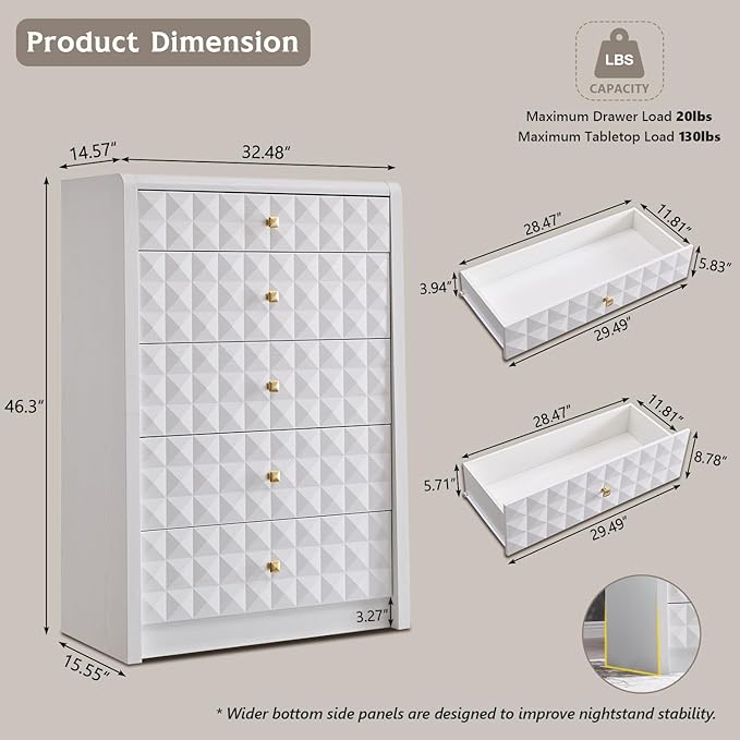 Modern 5 Drawer Dresser for Bedroom, Wooden Tall Dressers &Chests of Drawers w/Two Different Drawer Sizes, Mid Century Modern Dresser w/Diamond Panel Decorate for Bedroom, Curved Profile Design, White