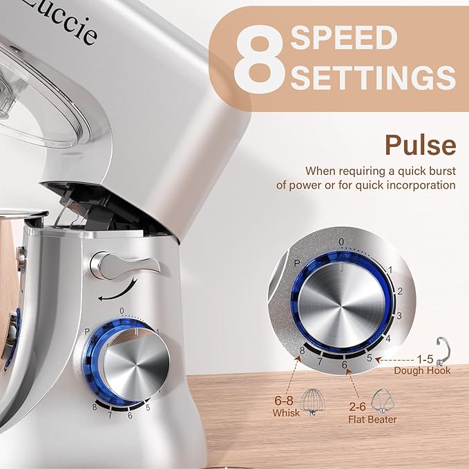 Stand Mixer, Zuccie 4.8QT Kitchen Electric Stand Mixer, 380W Motor Power Food Mixer, 8+P-Speed Dough Mixer with Dough Hook, Wire Whip & Beater, Silver