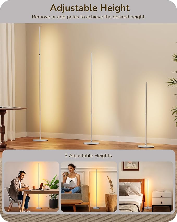 EDISHINE Modern Minimalist Floor Lamp, 2-Pack Adjustable Led Corner Lamps, Dimmable with 7 Color Temperatures (3000K-6000K), 57.5" Height for Bedroom, Living Room, Office, Silver